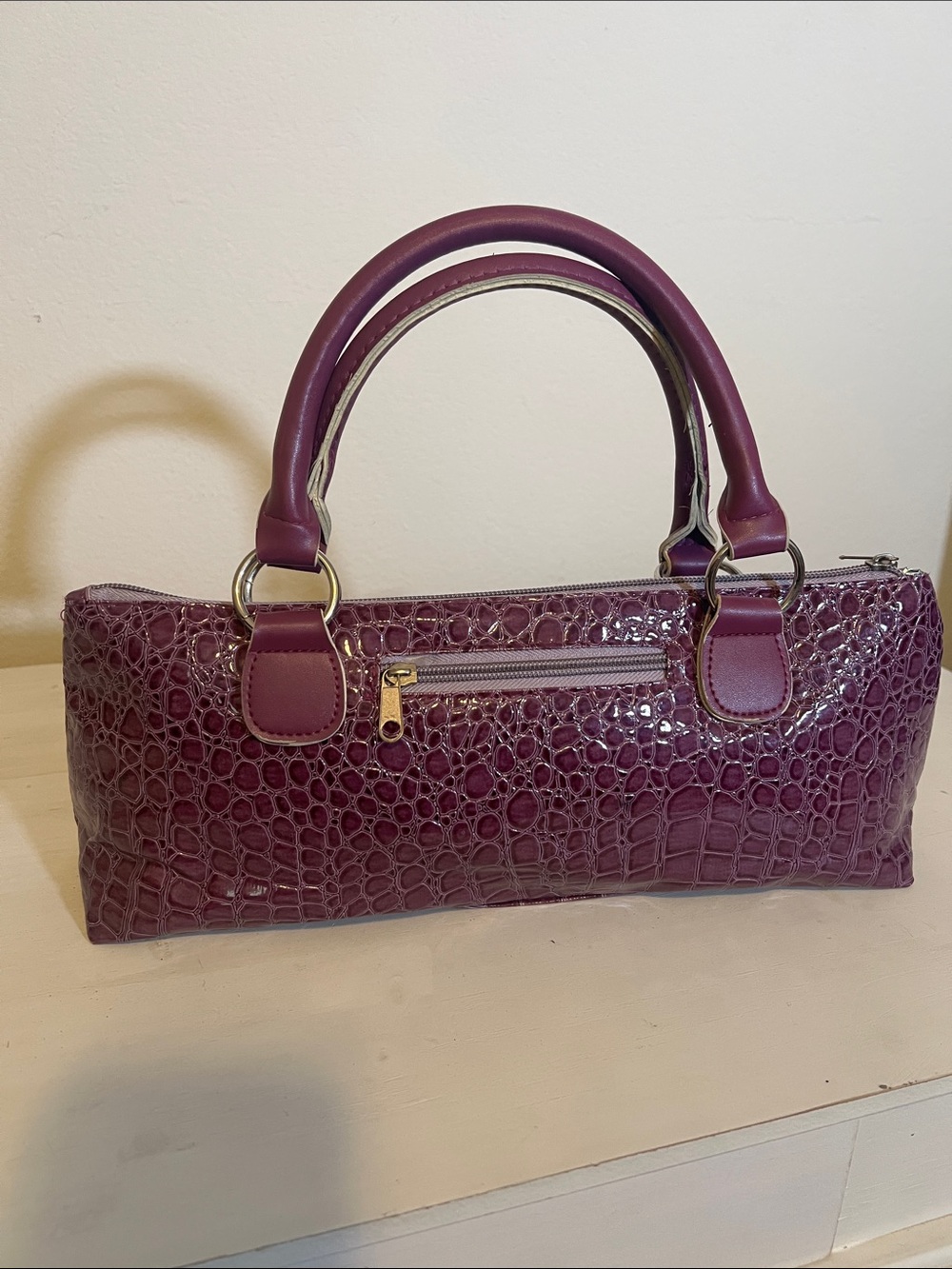 Patent Croc-Embossed Wine Bottle Carrier Bag in Plum (wine not incl.)